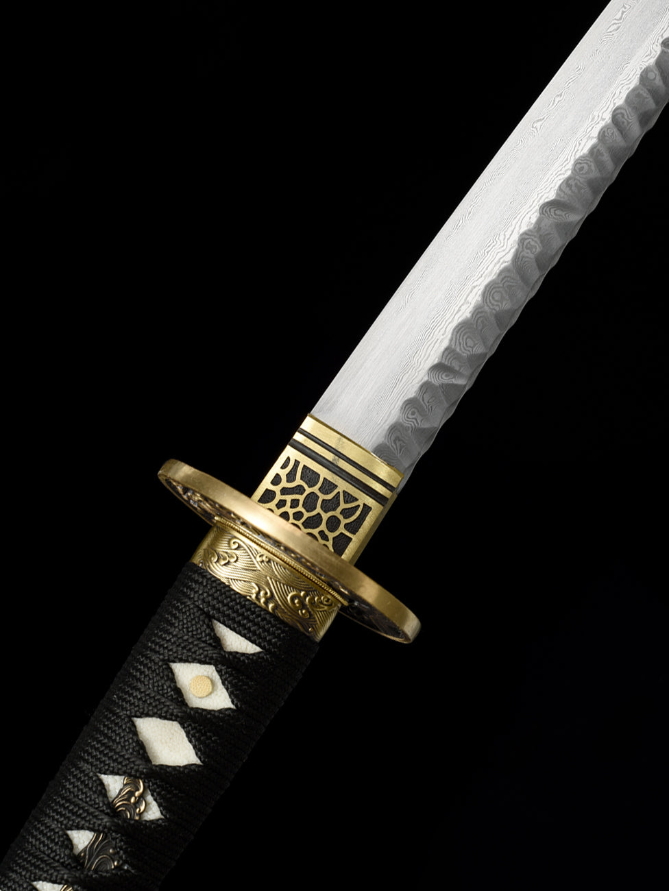 Checkered steel katana Japanese sword sea wave Tsuba